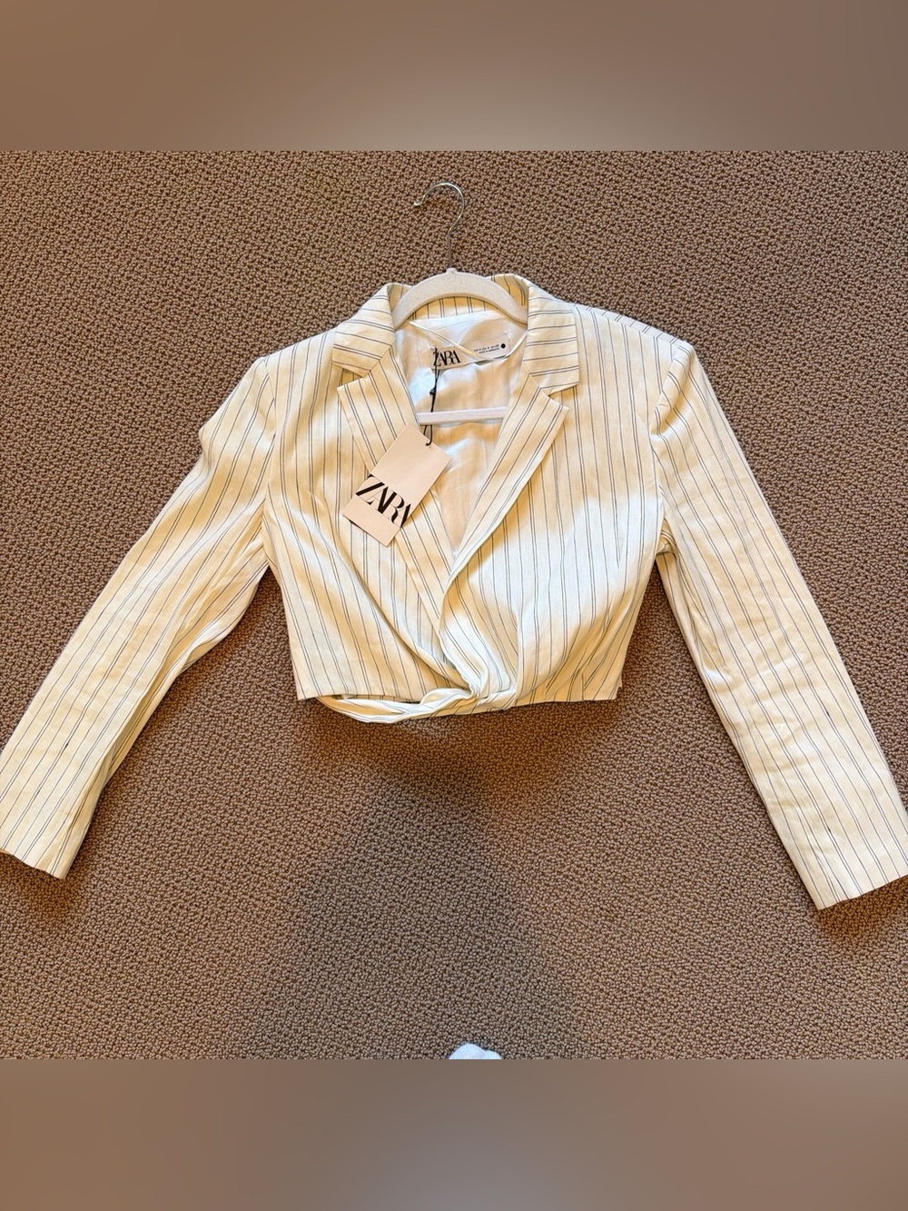 Zara Cropped Cream Blazer with Thin Black Pinstripes, Size M